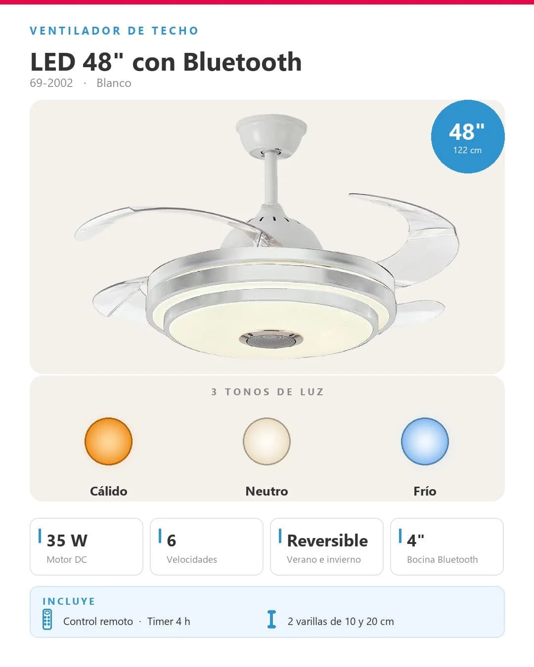 Abanico de Techo Retráctil 35W 122cm — imagen 3