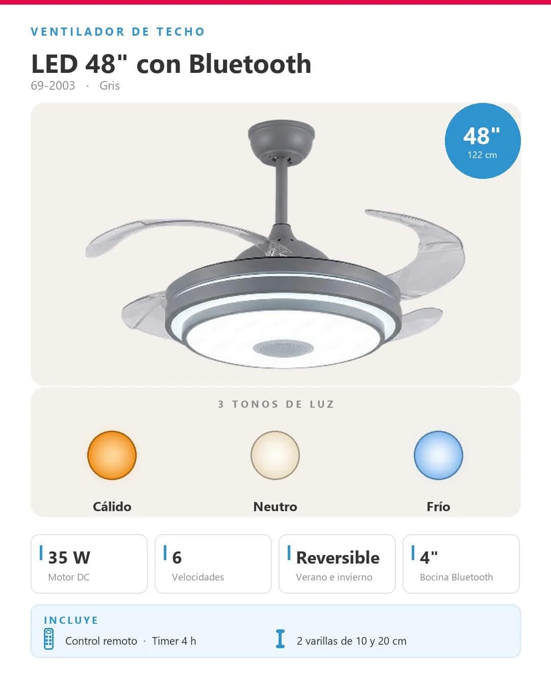 Abanico de Techo Retráctil 35W 122cm — imagen 3
