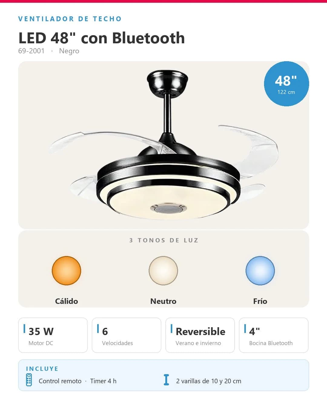 Abanico de Techo Retráctil 35W 122cm — imagen 3