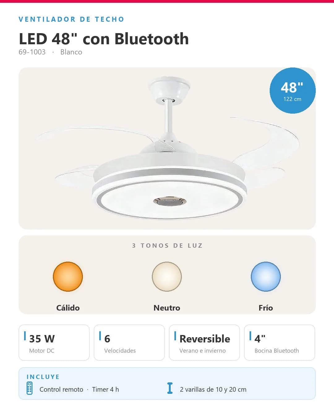 Abanico de Techo Retráctil 35W 122cm — imagen 3