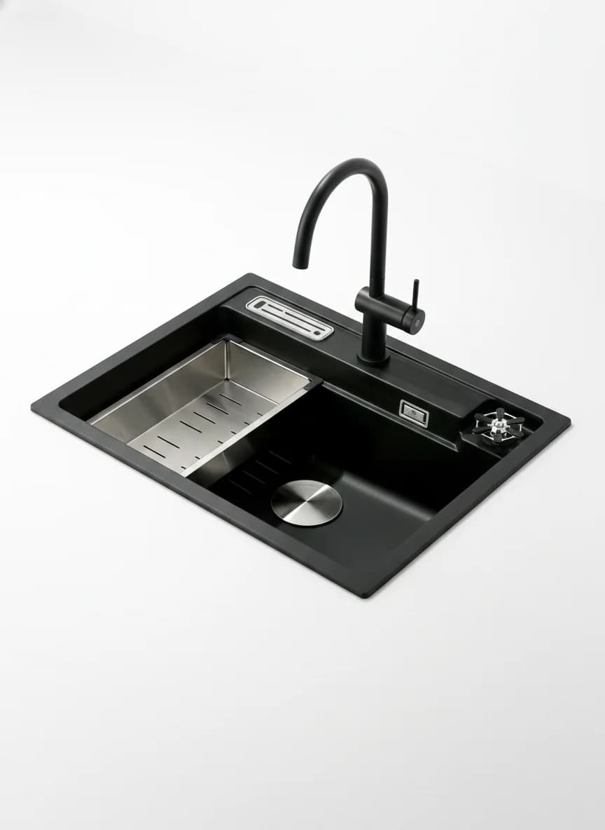 Fregadero de Granito 62cm con Enjuagador de Vasos y Portacuchillos