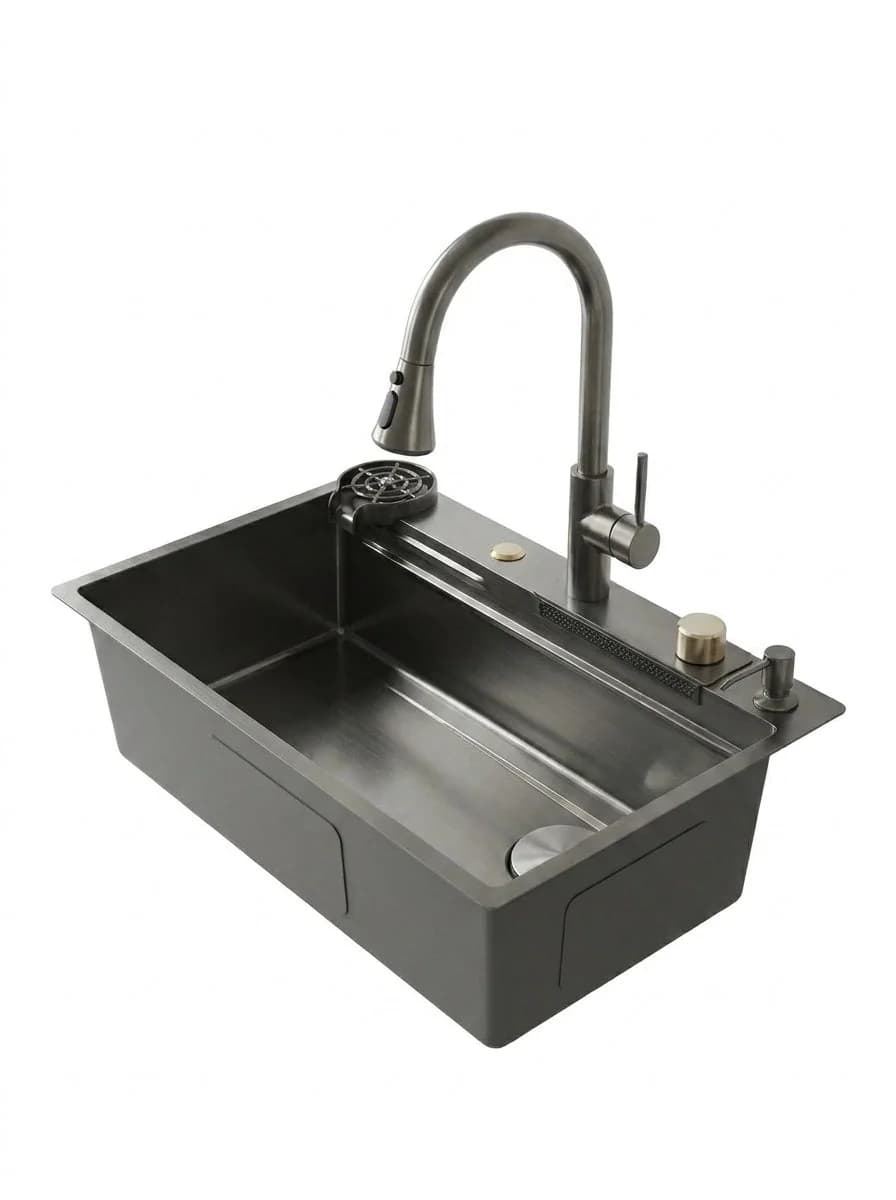 Fregador Acero Inoxidable 304 Negro Dorado 835X508X228mm Espesor 3.0+1.0mm con Accesorios