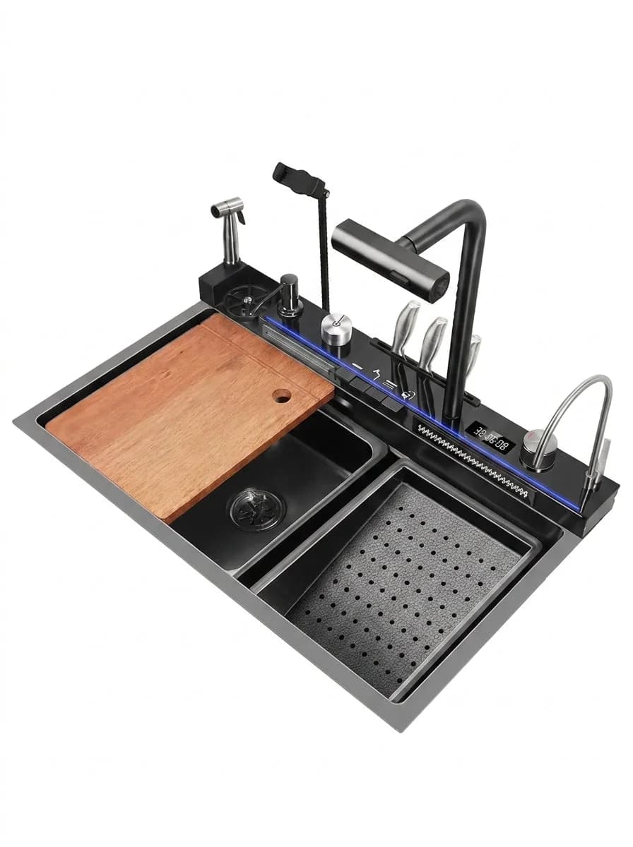 Fregador Premium Negro Acero Inoxidable 304 850X508X220mm con Accesorios